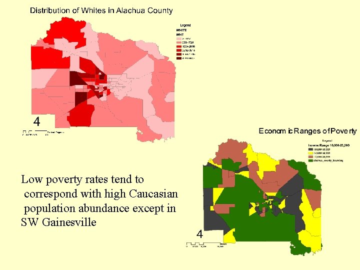 Low poverty rates tend to correspond with high Caucasian population abundance except in SW