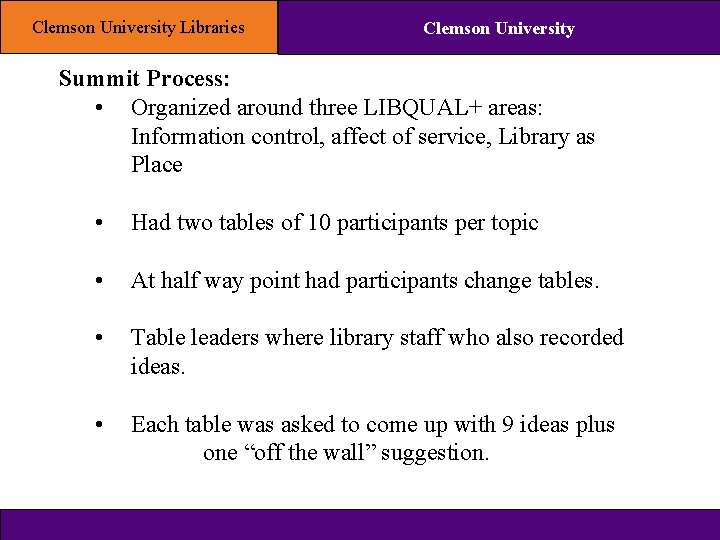 Clemson University Libraries Clemson University Summit Process: • Organized around three LIBQUAL+ areas: Information