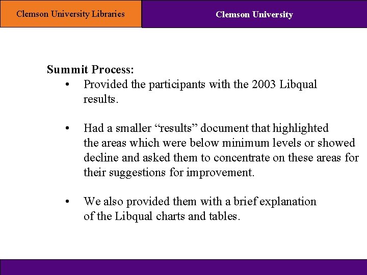 Clemson University Libraries Clemson University Summit Process: • Provided the participants with the 2003