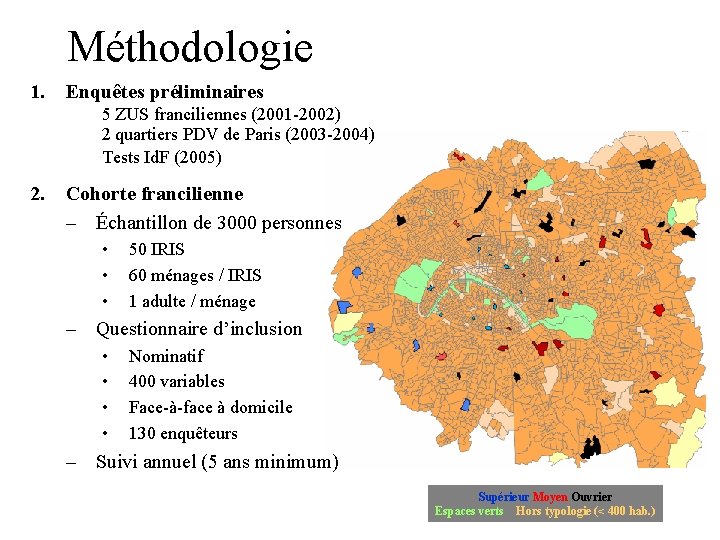 Méthodologie 1. Enquêtes préliminaires 5 ZUS franciliennes (2001 -2002) 2 quartiers PDV de Paris