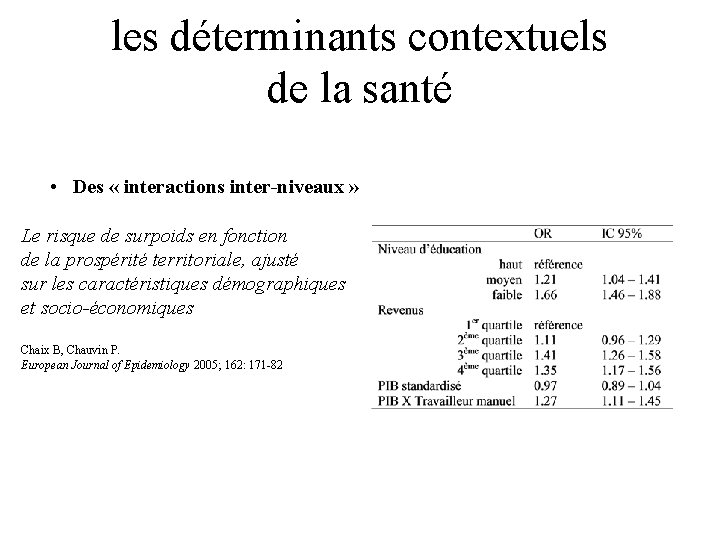 les déterminants contextuels de la santé • Des « interactions inter-niveaux » Le risque