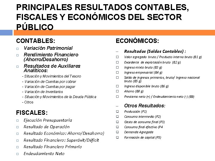 PRINCIPALES RESULTADOS CONTABLES, FISCALES Y ECONÓMICOS DEL SECTOR PÚBLICO CONTABLES: Variación Patrimonial Rendimiento Financiero