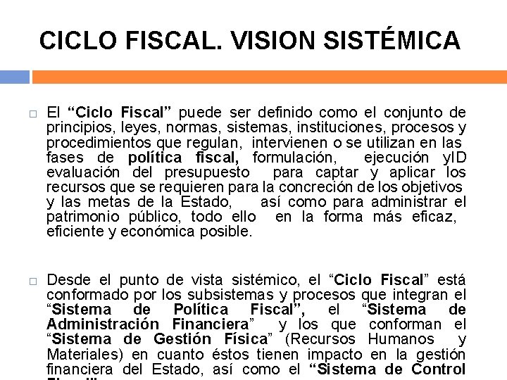 CICLO FISCAL. VISION SISTÉMICA El “Ciclo Fiscal” puede ser definido como el conjunto de