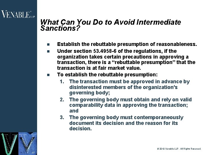 What Can You Do to Avoid Intermediate Sanctions? Establish the rebuttable presumption of reasonableness. What Can You Do to Avoid Intermediate Sanctions? Establish the rebuttable presumption of reasonableness.