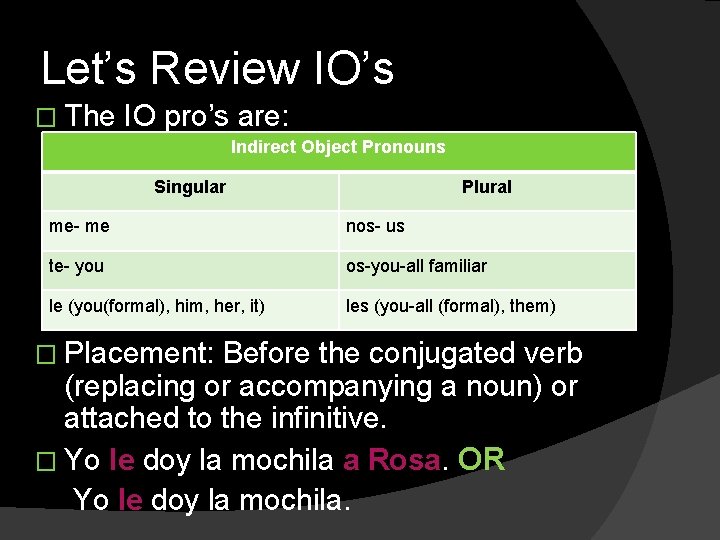 Let’s Review IO’s � The IO pro’s are: Indirect Object Pronouns Singular Plural me-