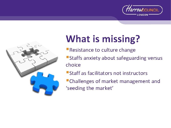What is missing? §Resistance to culture change §Staffs anxiety about safeguarding versus choice §Staff