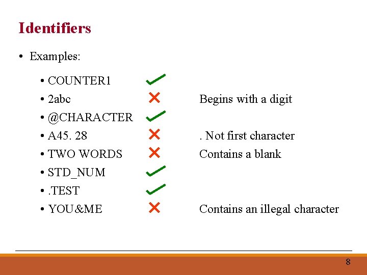 Identifiers • Examples: • COUNTER 1 • 2 abc • @CHARACTER • A 45.