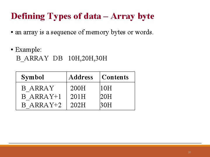 Defining Types of data – Array byte • an array is a sequence of