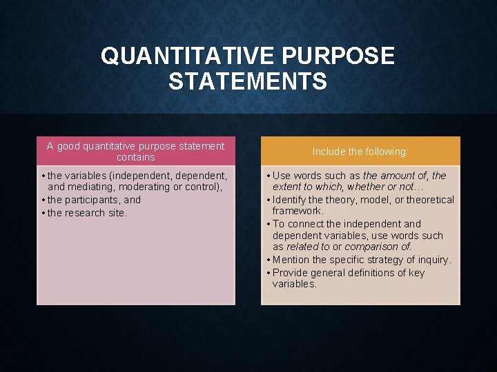 QUANTITATIVE PURPOSE STATEMENTS A good quantitative purpose statement contains • the variables (independent, and