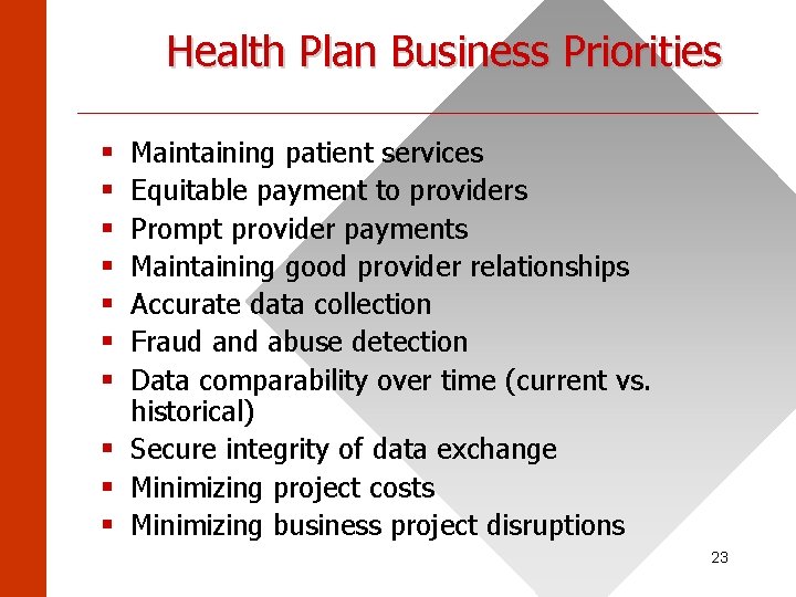 Health Plan Business Priorities ______________________ Maintaining patient services Equitable payment to providers Prompt provider