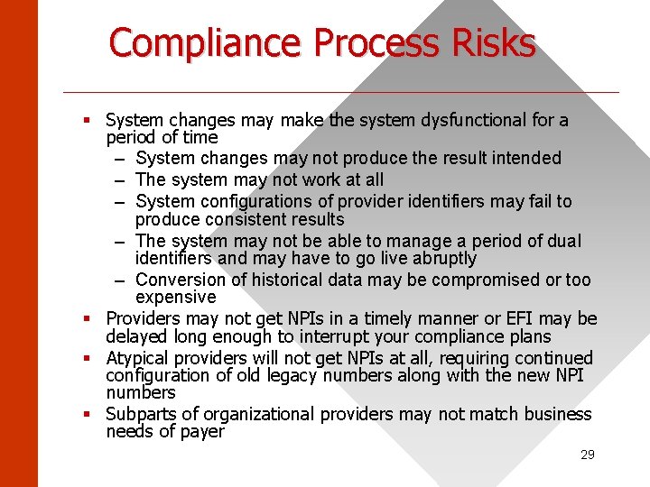Compliance Process Risks ______________________ § System changes may make the system dysfunctional for a