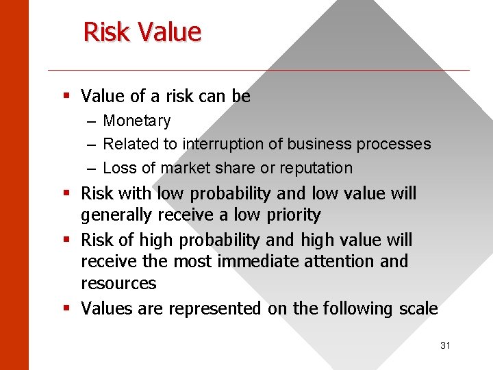 Risk Value ______________________ § Value of a risk can be – Monetary – Related