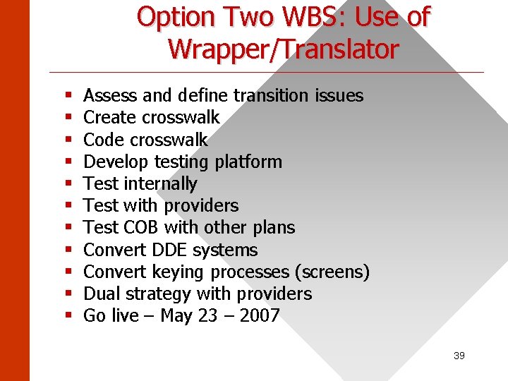 Option Two WBS: Use of Wrapper/Translator ______________________ § § § Assess and define transition