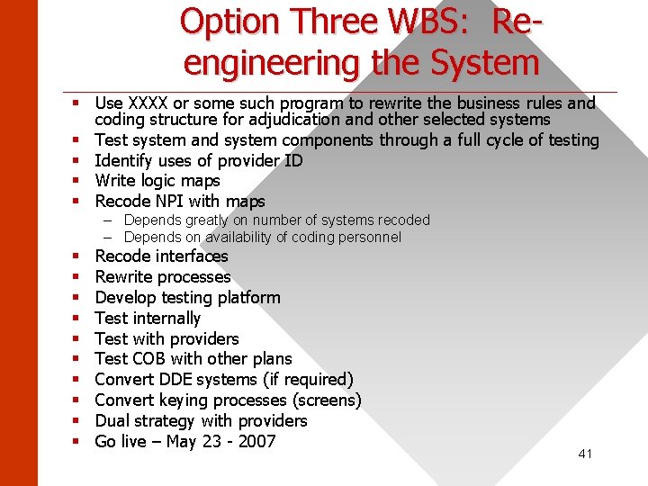 Option Three WBS: Reengineering the System ______________________ § Use XXXX or some such program