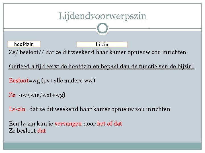 Lijdendvoorwerpszin hoofdzin bijzin Ze/ besloot// dat ze dit weekend haar kamer opnieuw zou inrichten.