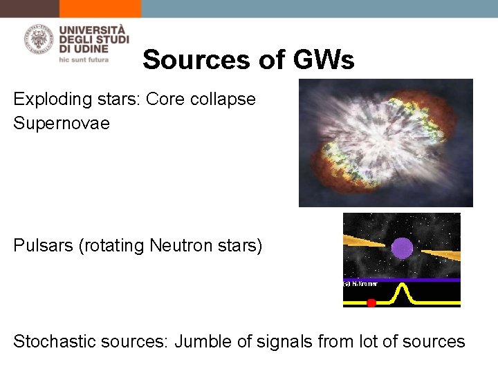 Sources of GWs Exploding stars: Core collapse Supernovae Pulsars (rotating Neutron stars) Stochastic sources: