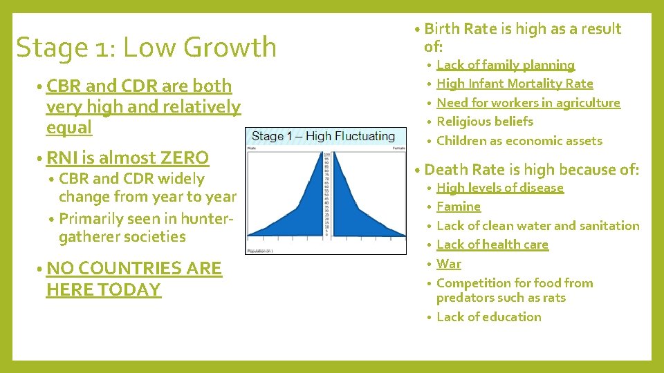 Stage 1: Low Growth • CBR and CDR are both very high and relatively