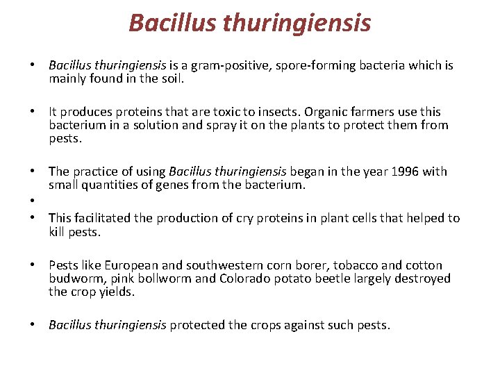 Bacillus thuringiensis • Bacillus thuringiensis is a gram-positive, spore-forming bacteria which is mainly found