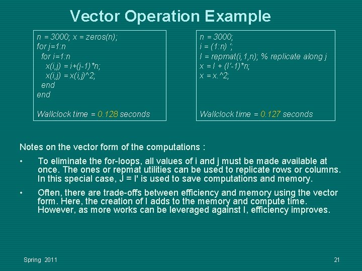 Vector Operation Example n = 3000; x = zeros(n); for j=1: n for i=1: Vector Operation Example n = 3000; x = zeros(n); for j=1: n for i=1: