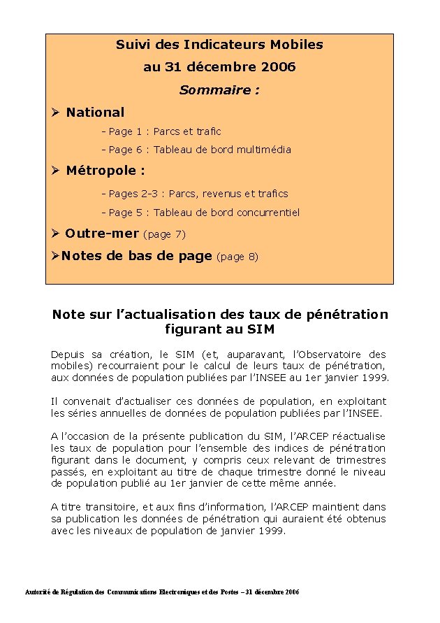 Suivi des Indicateurs Mobiles au 31 décembre 2006 Sommaire : National - Page 1