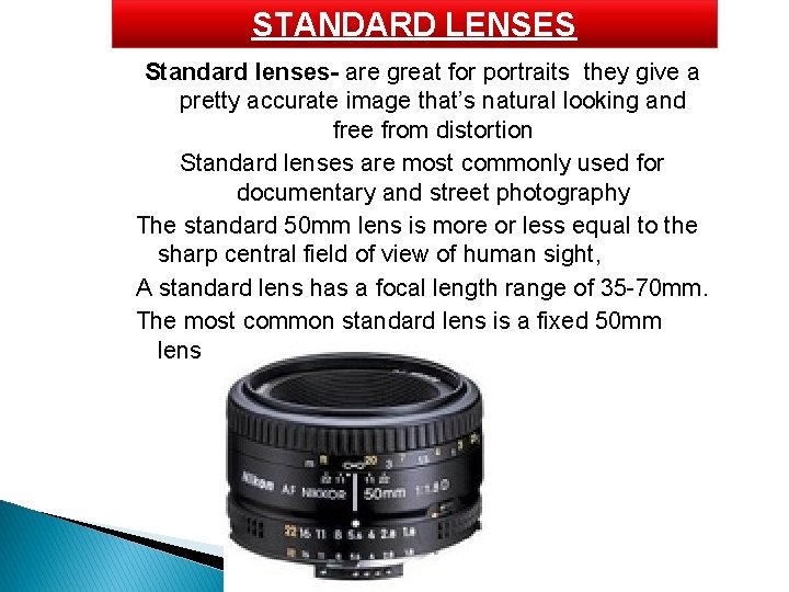 STANDARD LENSES Standard lenses- are great for portraits they give a pretty accurate image