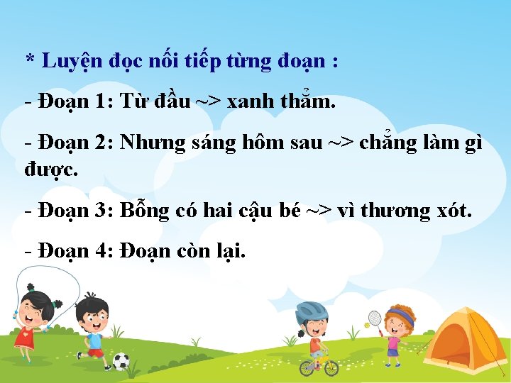 * Luyện đọc nối tiếp từng đoạn : - Đoạn 1: Từ đầu ~>