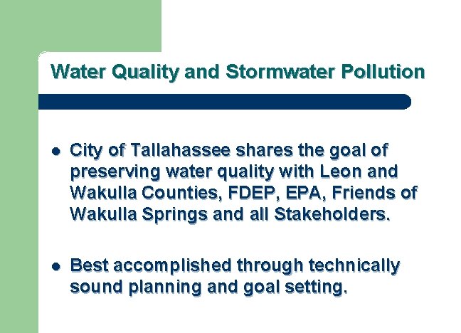 Water Quality and Stormwater Pollution l City of Tallahassee shares the goal of preserving