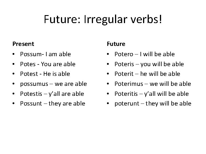 Future: Irregular verbs! Present • • • Possum- I am able Potes - You