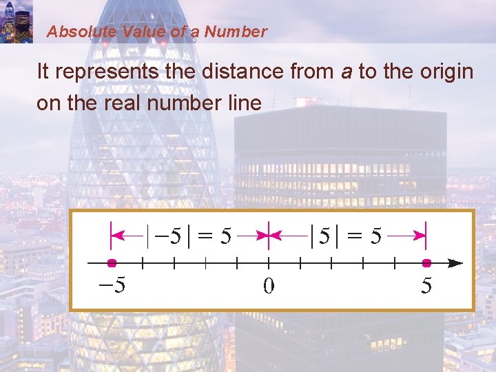 Absolute Value of a Number It represents the distance from a to the origin
