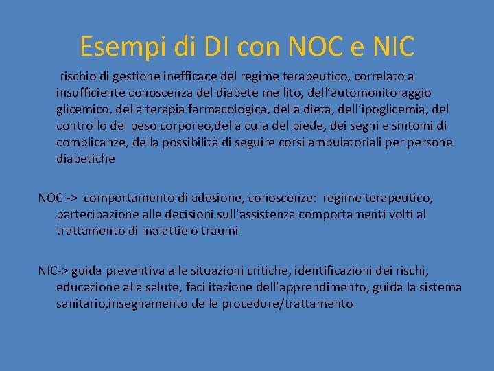 Esempi di DI con NOC e NIC rischio di gestione inefficace del regime terapeutico,