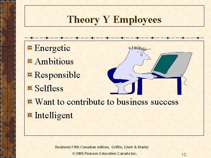 Theory Y Employees Energetic Ambitious Responsible Selfless Want to contribute to business success Intelligent