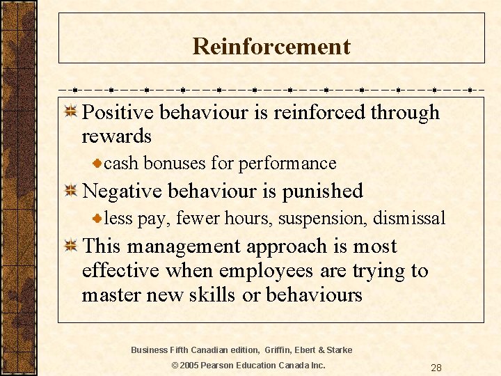 Reinforcement Positive behaviour is reinforced through rewards cash bonuses for performance Negative behaviour is