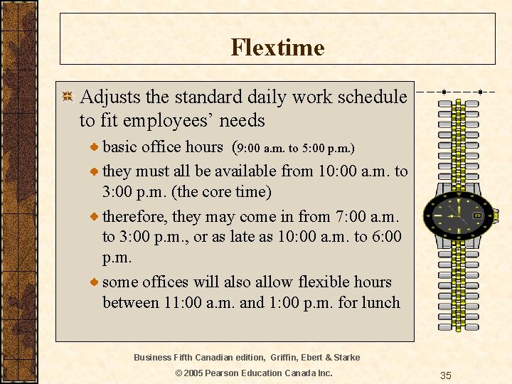 Flextime Adjusts the standard daily work schedule to fit employees’ needs basic office hours