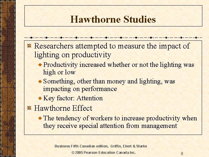 Hawthorne Studies Researchers attempted to measure the impact of lighting on productivity Productivity increased