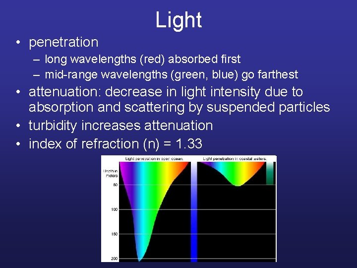 Light • penetration – long wavelengths (red) absorbed first – mid-range wavelengths (green, blue)