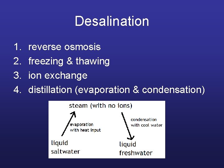 Desalination 1. 2. 3. 4. reverse osmosis freezing & thawing ion exchange distillation (evaporation