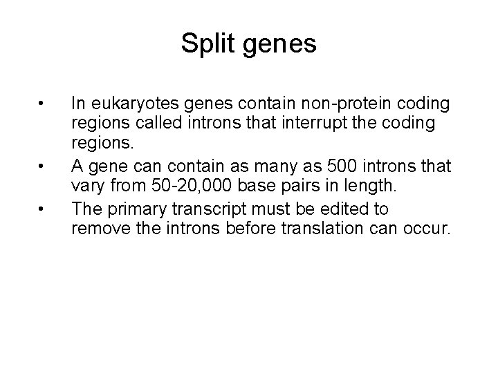 Split genes • • • In eukaryotes genes contain non-protein coding regions called introns