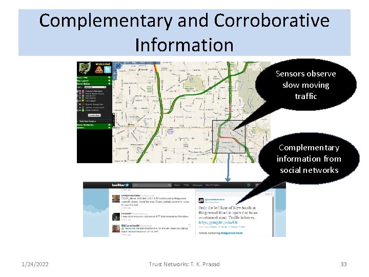 Complementary and Corroborative Information Sensors observe slow moving traffic Complementary information from social networks