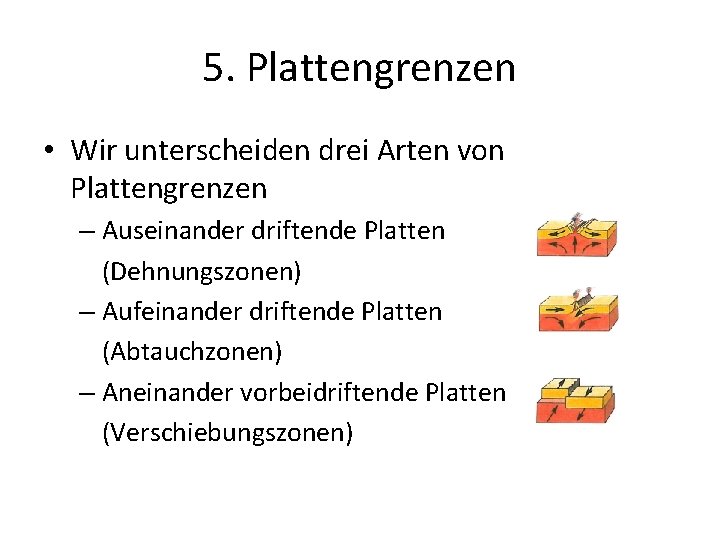 5. Plattengrenzen • Wir unterscheiden drei Arten von Plattengrenzen – Auseinander driftende Platten (Dehnungszonen)