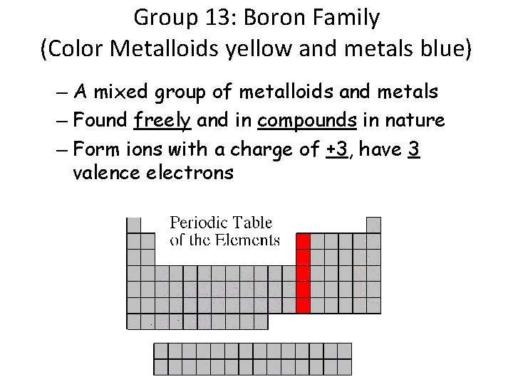 Group 13: Boron Family (Color Metalloids yellow and metals blue) – A mixed group