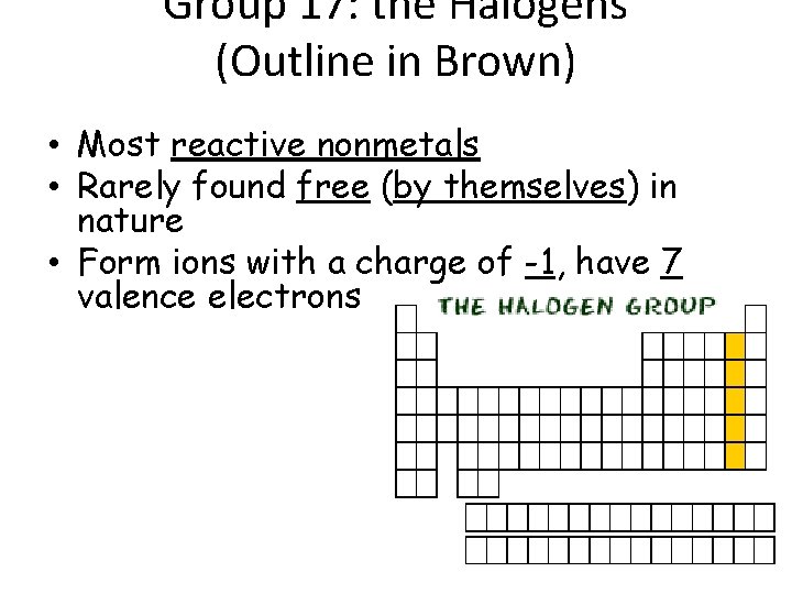 Group 17: the Halogens (Outline in Brown) • Most reactive nonmetals • Rarely found