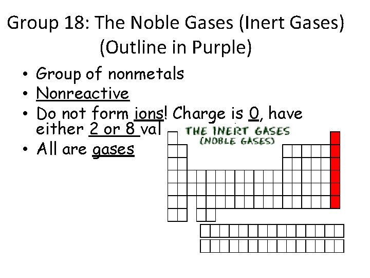 Group 18: The Noble Gases (Inert Gases) (Outline in Purple) • Group of nonmetals