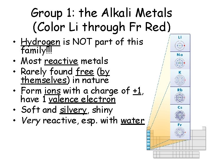 Group 1: the Alkali Metals (Color Li through Fr Red) • Hydrogen is NOT