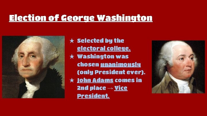 Election of George Washington ★ Selected by the electoral college. ★ Washington was chosen