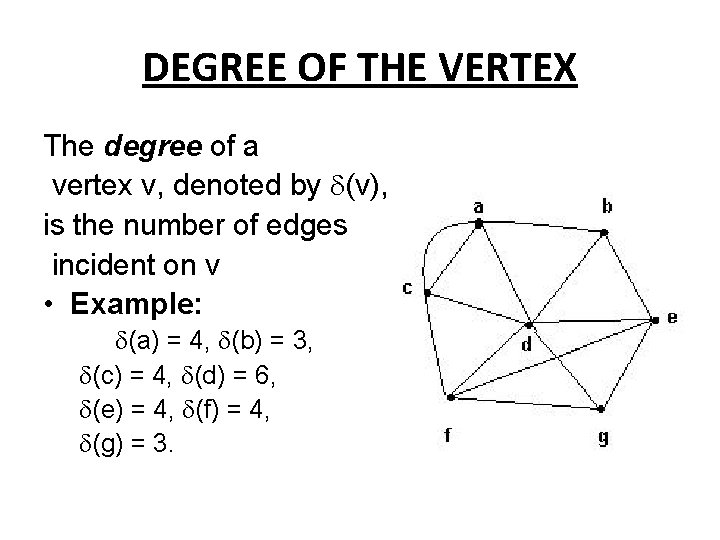 DEGREE OF THE VERTEX The degree of a vertex v, denoted by (v), is