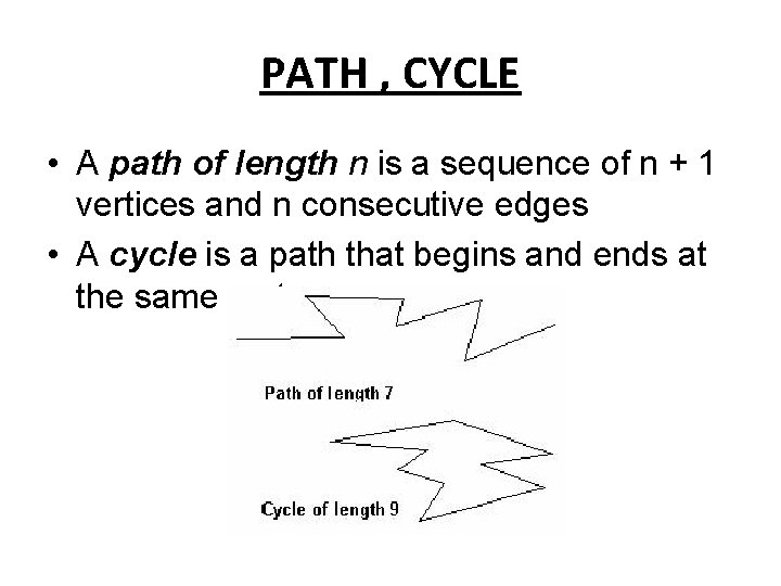 PATH , CYCLE • A path of length n is a sequence of n