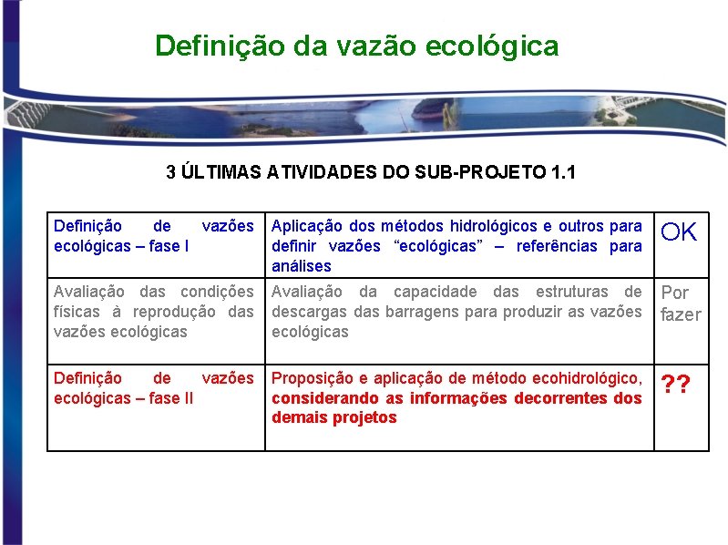 Definição da vazão ecológica 3 ÚLTIMAS ATIVIDADES DO SUB-PROJETO 1. 1 Definição de vazões
