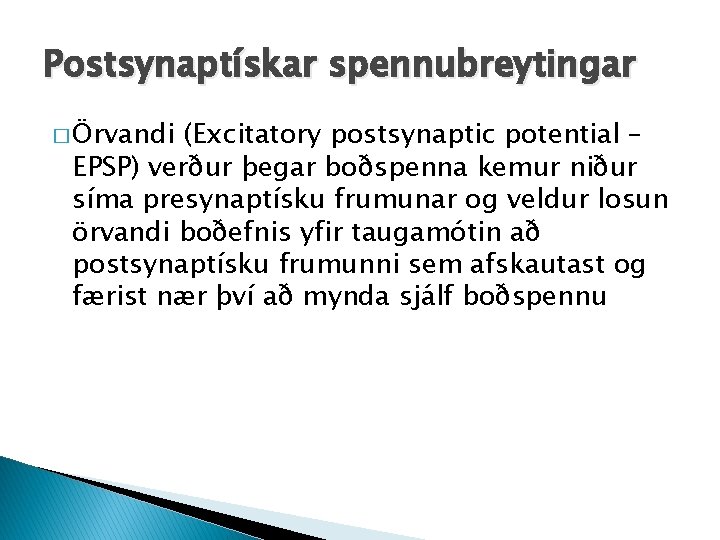 Postsynaptískar spennubreytingar � Örvandi (Excitatory postsynaptic potential – EPSP) verður þegar boðspenna kemur niður