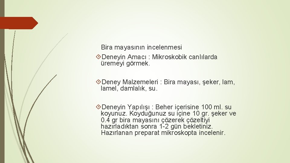 Bira mayasının incelenmesi Deneyin Amacı : Mikroskobik canlılarda üremeyi görmek. Deney Malzemeleri : Bira