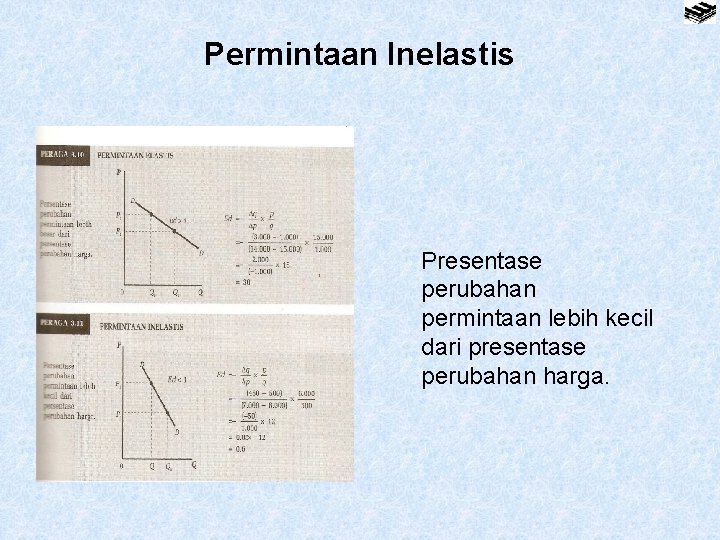 Permintaan Inelastis Presentase perubahan permintaan lebih kecil dari presentase perubahan harga. 